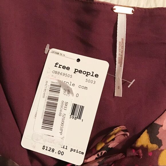 FREE PEOPLE Morning‎ Light Mini Dress Long Sleeve Floral Satin Purple Size 0 New - Picture 8 of 16